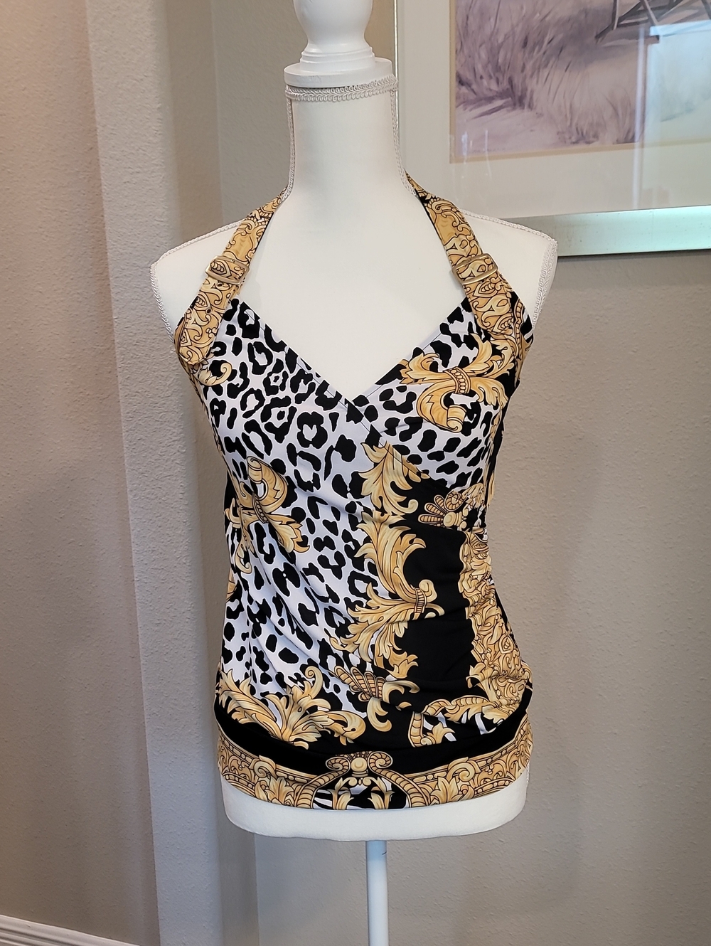 Cache Gold Baroque and Black & White Leopard Halter Camisole